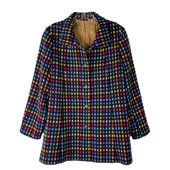 Vintage black blue rainbow check plaid longline button peacoat jacket large - Picture 1 of 6